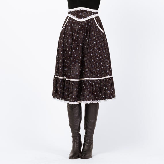 Vintage 70s Gunne Sax Black Calico Floral Prairie Skirt - Small