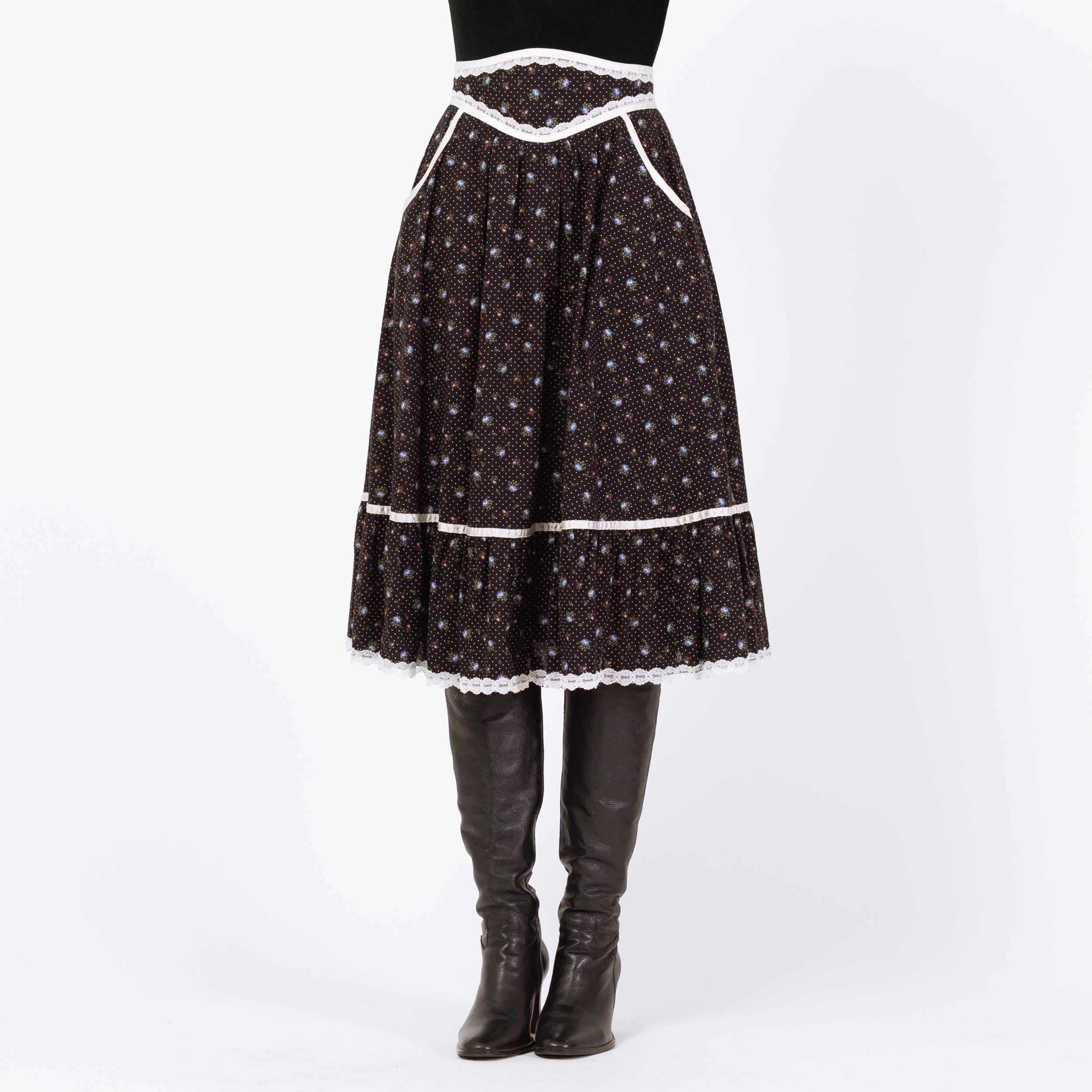 Vintage 70s Gunne Sax Black Calico Floral Prairie Skirt - Small