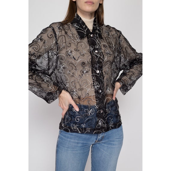 Small 90s Sheer Black Silk Embroidered Blouse | V… - image 4