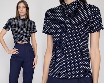 XS 70s Navy Polka Dot Button Up Top | Vintage Blue White Short Sleeve Collared Shirt