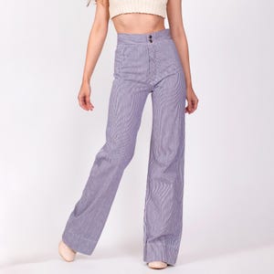 70s Blue & White Pinstriped Pants - Extra Small, 23.5&quot; | Vintage High Waisted Flares Moody&#39;s Goose Retro Hippie Trousers