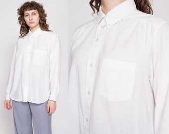 80s Minimalist White Button Up Shirt Extra Large | Vintage Cotton Blend Long Sleeve Collared Top