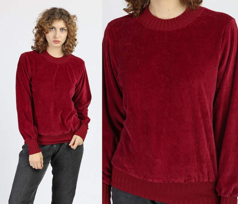 Medium 70s Red Velour Long Sleeve Top Vintage Crew Neck Burgundy Sweatshirt