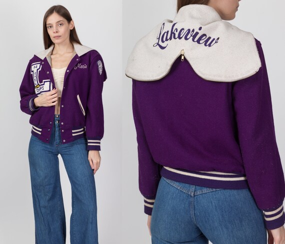 80s Purple Split Hood Varsity Jacket - Small | Vintage Women's Wool Snap Up Letterman Coat