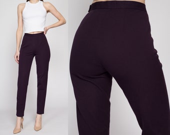 XS 90s Plum Purple High Waisted Pants Petite 25" | Vintage Slim Tapered Leg Stretch Trousers