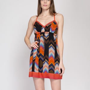 XS Y2K Guess Silk Chevron Mini Party Dress | Vintage Strappy Cross Back Striped Print A Line Dress