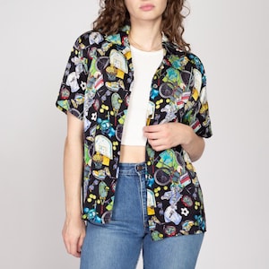 Medium 90s Nicole Miller Sport Novelty Print Silk Shirt | Vintage Limited Edition All Over Pattern Black Button Up Collared Top