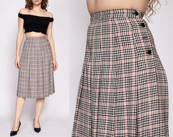 80s Houndstooth Pleated Midi Skirt Extra Small, 24" | Vintage Micki Wool Blend High Waist Preppy Schoolgirl Skirt