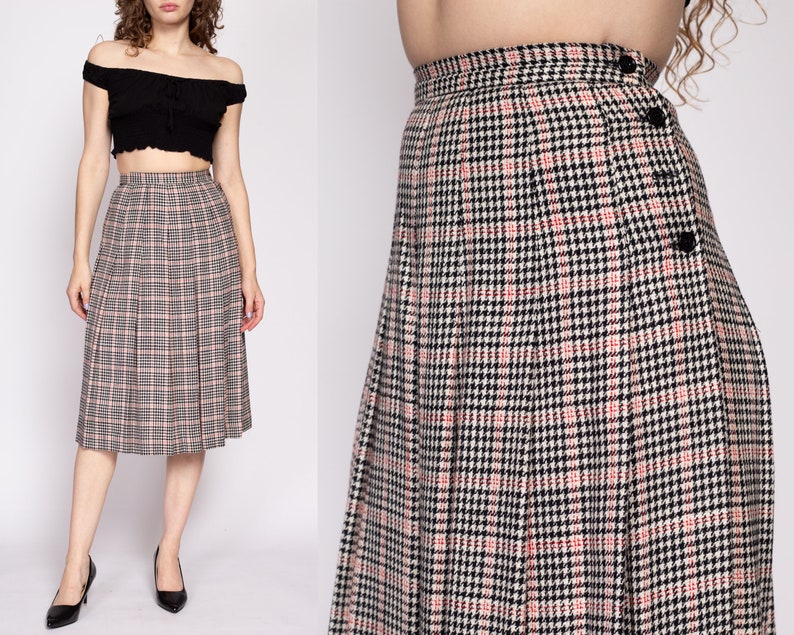 80s Houndstooth Pleated Midi Skirt Extra Small, 24 Vintage Micki Wool Blend High Waist Preppy Schoolgirl Skirt image 1