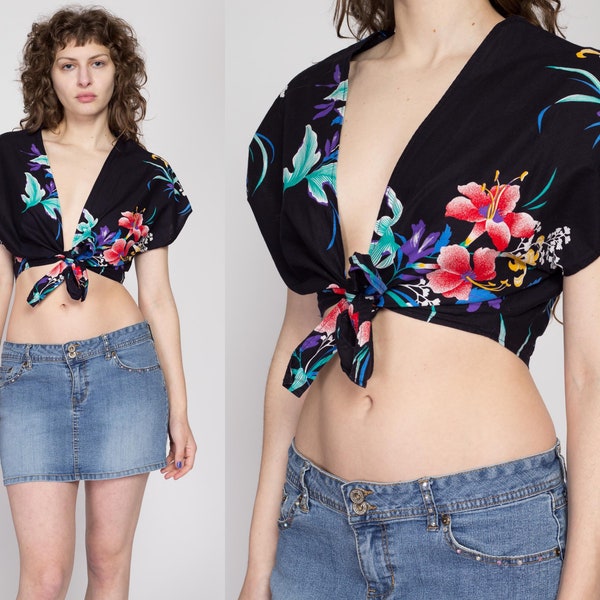 Lrg-XL 80s Black Tropical Floral Tie Front Crop Top | Vintage Boho Cap Sleeve Cropped Blouse