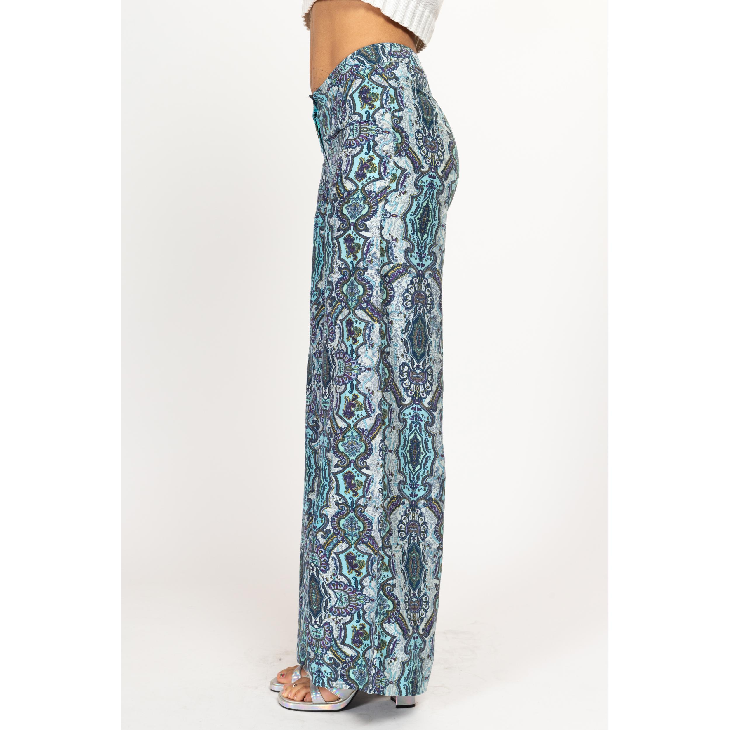 XS Y2K Blue Silk Baroque Floral Wide Leg Pants | Vintage