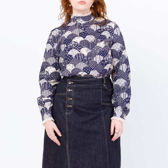 Vintage 70s Fish Scale Patchwork Print Blouse - L… - image 2