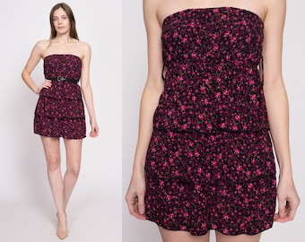 Small Y2K Floral Strapless Mini Dress | Vintage Fit & Flare Black Pink Retro Tiered Party Dress