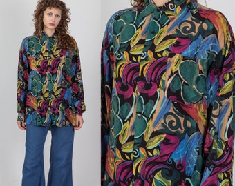 Large 90s Abstract Floral Button Up Blouse | Vintage Oversized Long Sleeve Grunge Top
