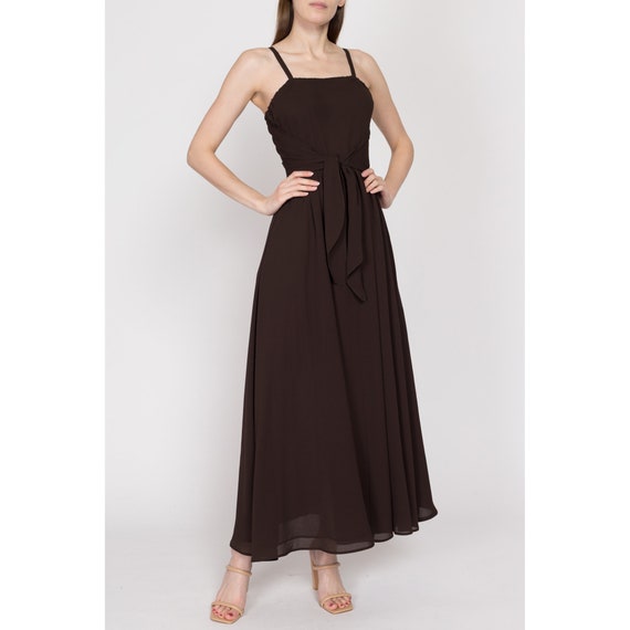 XS 70s Chocolate Brown Chiffon Tie Front Gown | V… - image 3