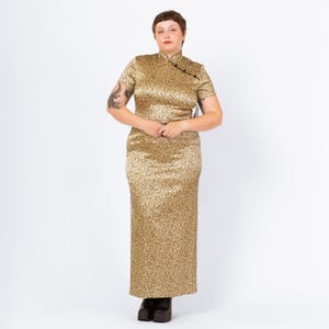 Vintage 90s Gold Vine Print Cheongsam Maxi Dress, NWT - Large, Size 14 | Slinky Satin Formal Evening Gown, Chinese Qipao