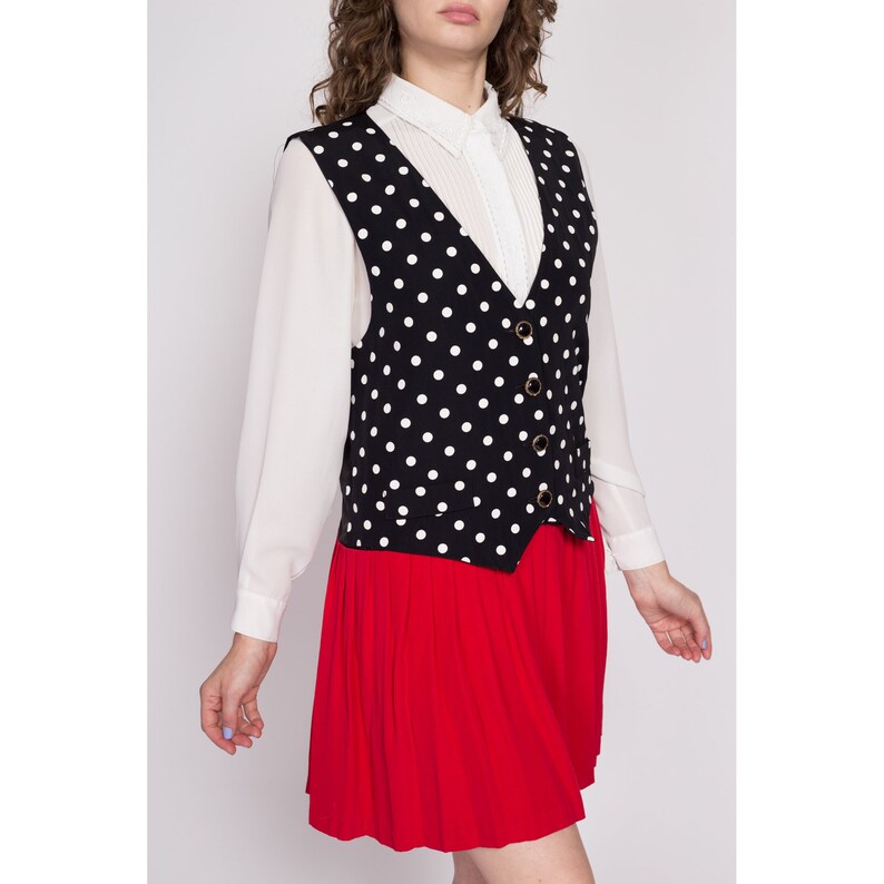 80s Polka Dot Mock Vest & Pleated Skirt Set Dress Large Vintage Red Black Pinafore Mini Dress image 4