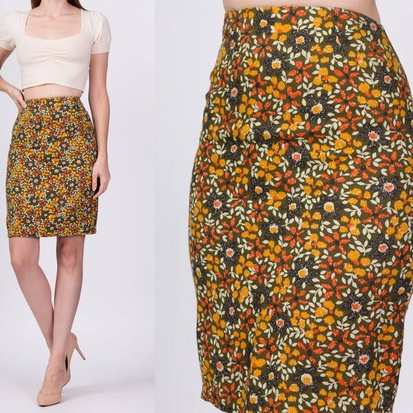 Small 60s 70s Floral Fitted Mini Skirt 25.5" | Vintage High Waisted Boho Pencil Skirt