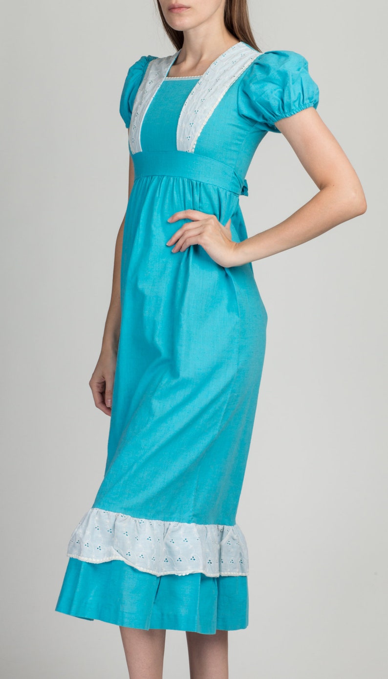 70s Blue & White Prairie Dress Girls Size 12 Vintage Children's Boho Puff Sleeve Maxi Dress image 4