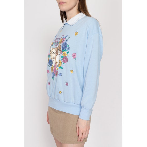 Large 90s Cats & Flowers Blue Collared Sweatshirt… - image 4