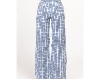70s Blue & White Windowpane Plaid Flared Pants - XXS, 22.5