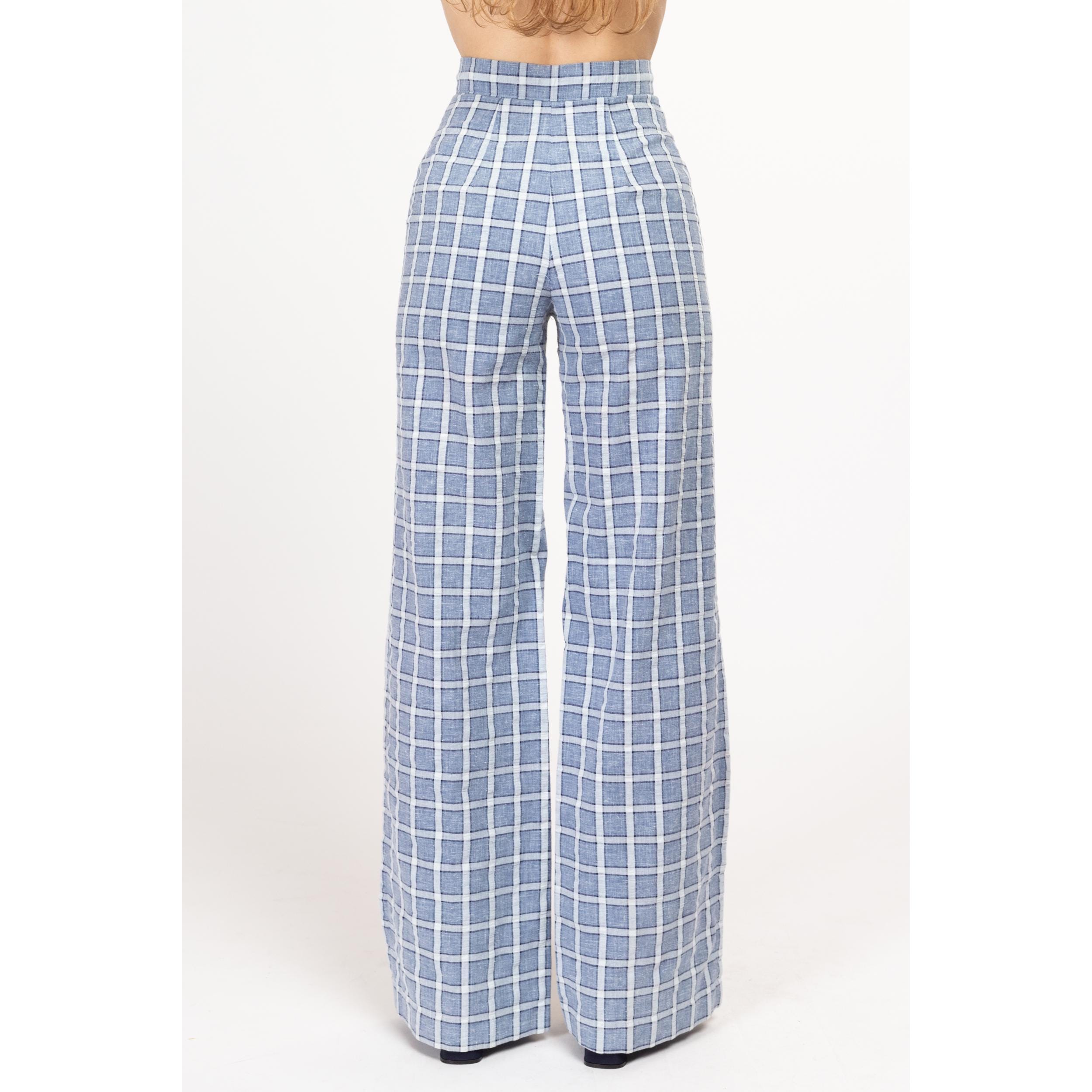 70s Blue & White Windowpane Plaid Flared Pants - XXS, 22.5
