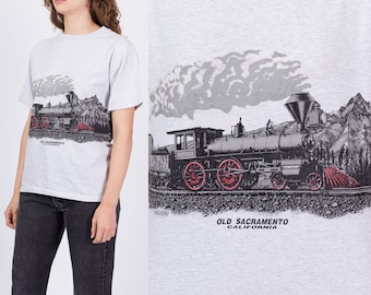 90s Old Sacramento Train Wraparound Graphic Tee Unisex Medium | Vintage Railroad T Shirt