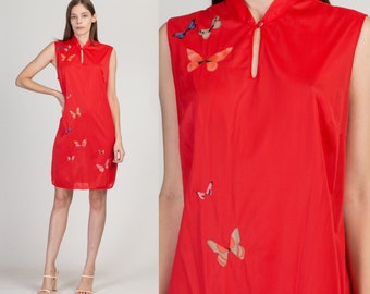 70s Red Butterfly Slip Dress Medium | Vintage Keyhole Neck Boho Sheer Sleeveless Mini Dress