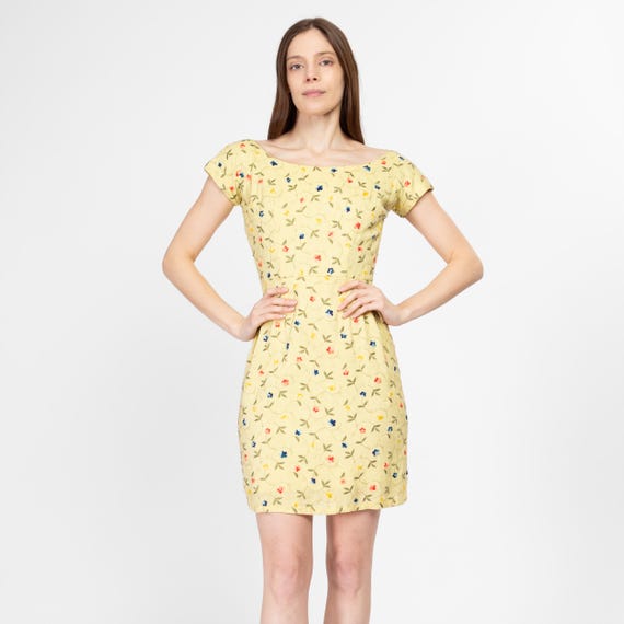 Small 60s Butter Yellow Embroidered Floral Mini Sheath Dress | Vintage Short Sleeve Wiggle Pencil Dress - Etsy Israel Small 60s Butter Yellow Embroidered Floral Mini Sheath Dress | Vintage Short Sleeve Wiggle Pencil Dress - Etsy Israel