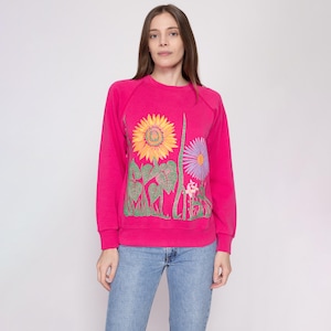 Medium 80s Hot Pink Flower Garden Sweatshirt | Vintage Floral Graphic Crewneck Pullover