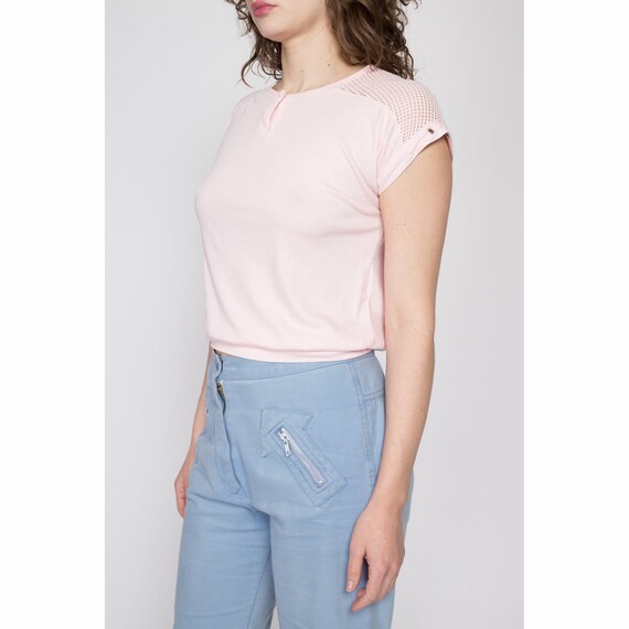 Medium 80s Baby Pink Mesh Cap Sleeve Shirt | Vint… - image 3