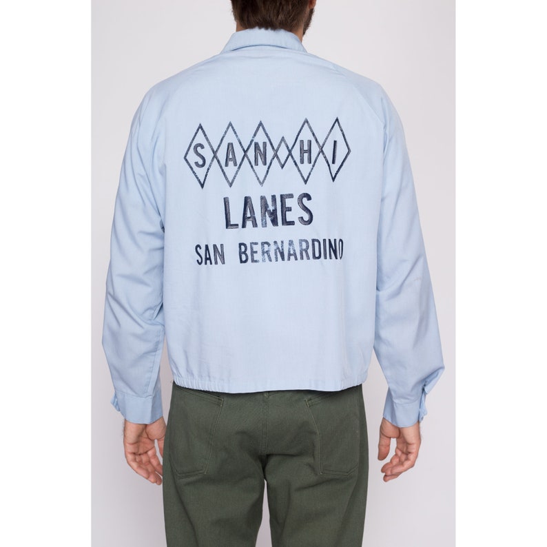 Large 70s San-Hi Lanes San Bernadino Bowling Alley Jacket Vintage Blue Zip Up Lightweight Harrington Jacket image 5