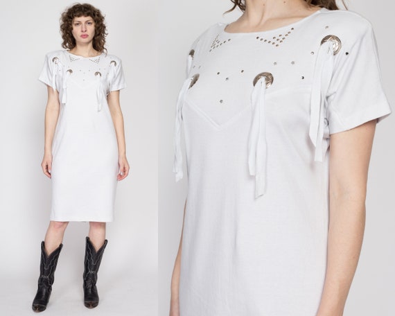 Medium 80s White Western Concho T-Shirt Dress | V… - image 1