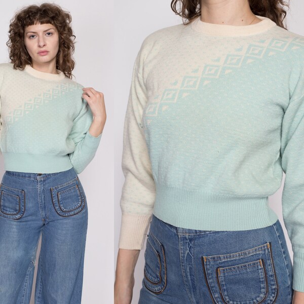 Sm-Med 70s Meister Cropped Ski Sweater | Vintage Blue White Wool Knit Pullover Jumper