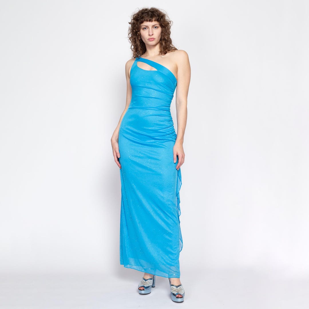 Robe asymétrique scintillante bleu vif des années 90 Robe de