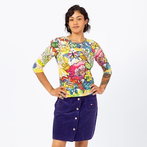 Vintage 90er Jahre Schmetterling Mosaik Print Pailletten Hemd - S | Maximalist Floral Graphic 3/4 Ärmel Pullover Top