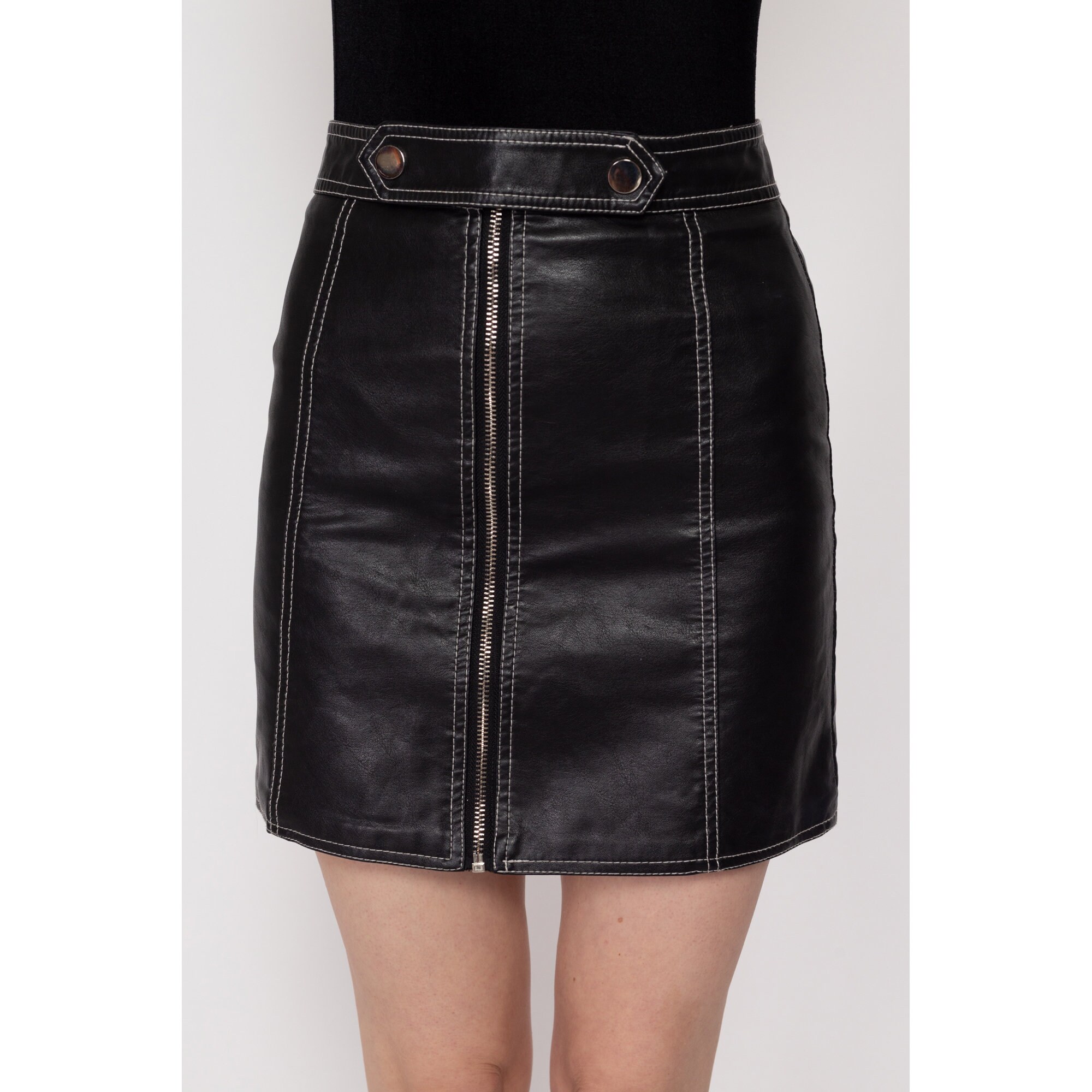 XXS-XS 90s Black Leather Zip up Leather Mini Skirt | Vintage