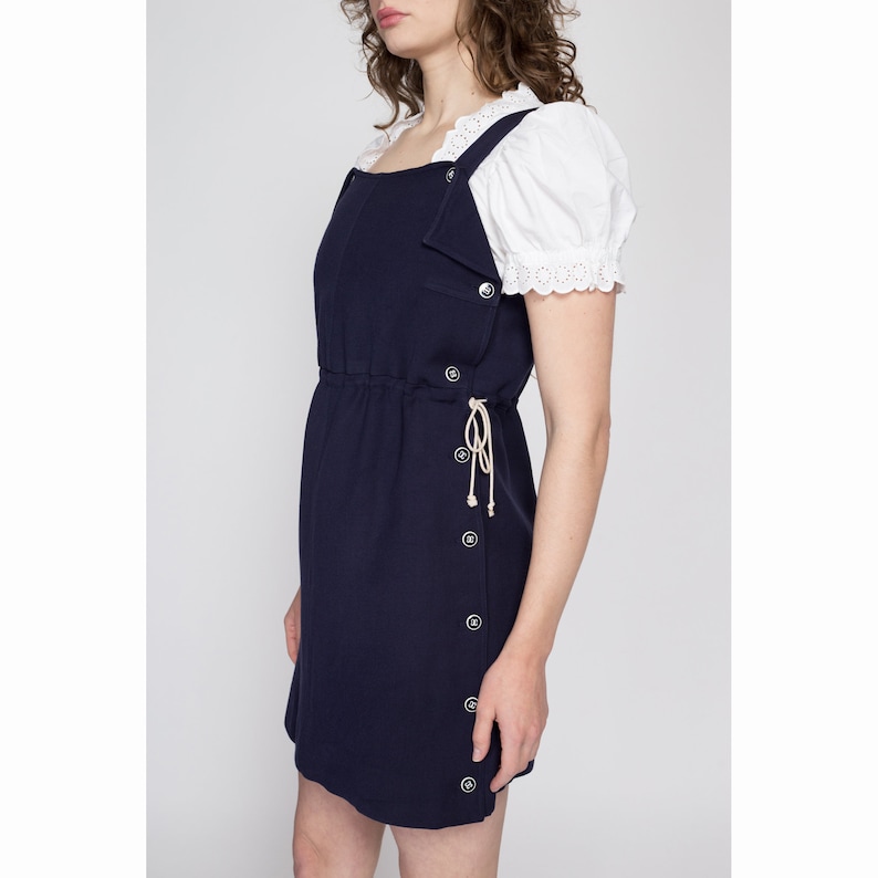 70-tals Courrèges marinblå minitröjklänning - medium | Vintage designerklänning i ull, marin stil, pinafore-mönster bild 3