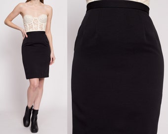 70s Black High Waisted Pencil Skirt Extra Small, 24.5" | Vintage Minimalist Fitted Mini Skirt