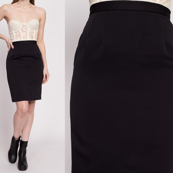 70s Black High Waisted Pencil Skirt Extra Small, 24.5" | Vintage Minimalist Fitted Mini Skirt