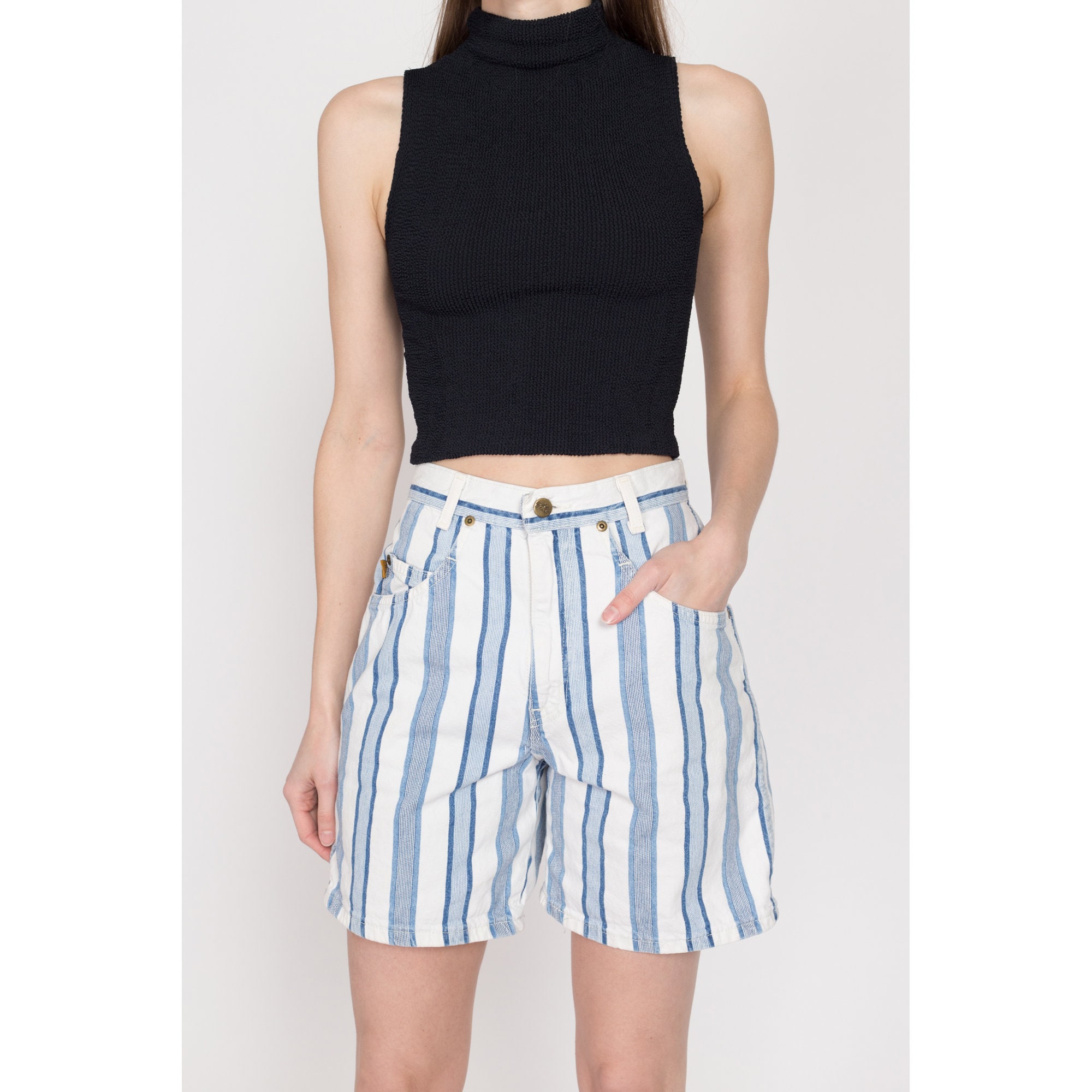 80s Blue & White Striped Jean Shorts - Small, 25.5