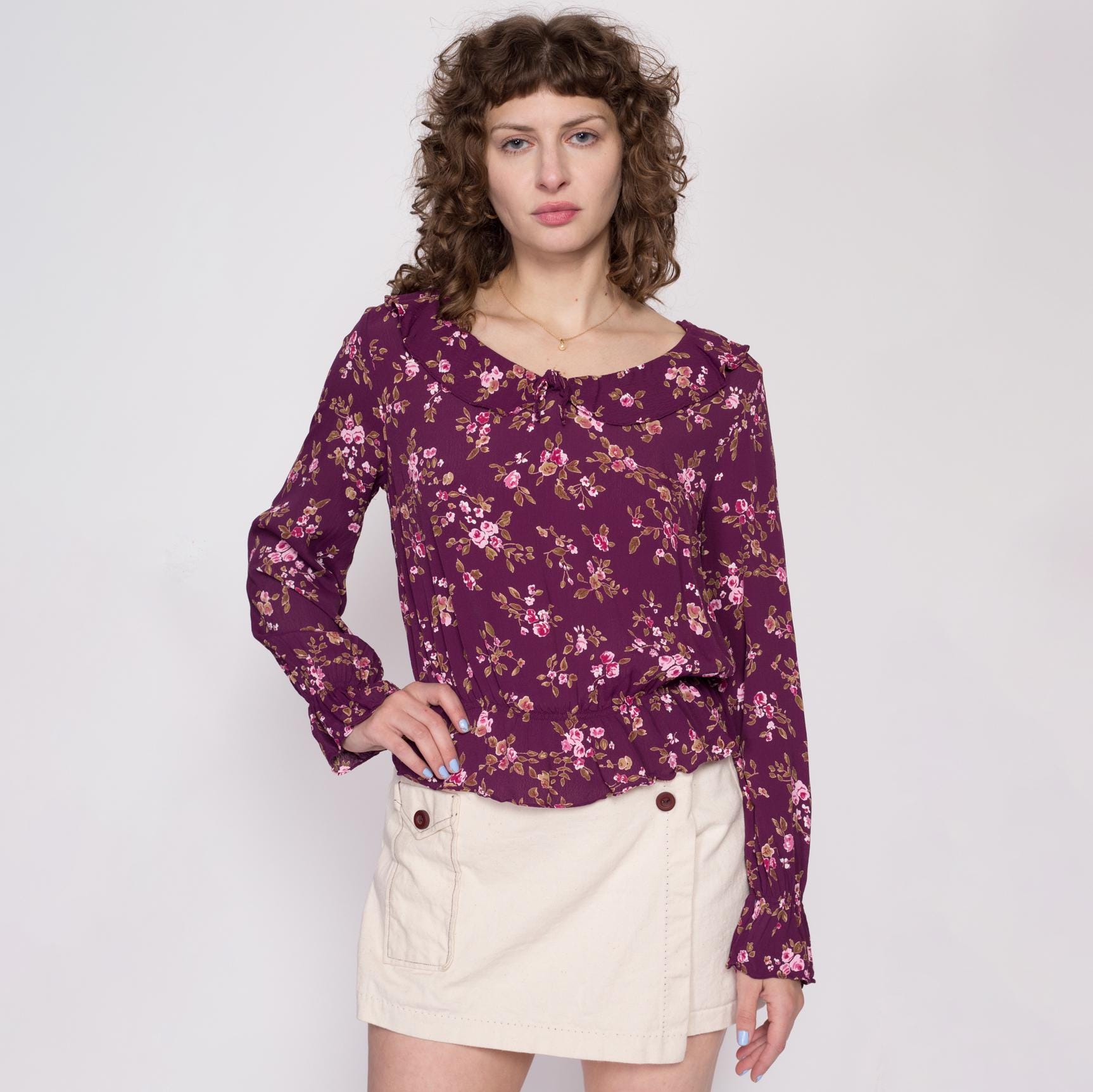 90s Y2K Boho Purple Floral Blouse - Medium | Vintage Ruffle Collar Long Sleeve Crop Top