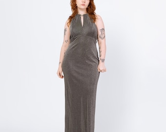 Vintage 90s Silver Metallic Jeweled Halter Neck Gown - Medium to Large | Keyhole Formal Maxi Party Dress
