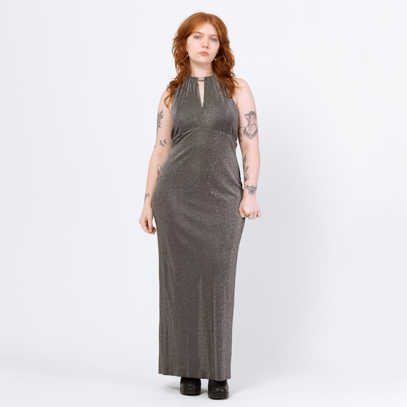 Vintage 90s Silver Metallic Jeweled Halter Neck Gown - Medium to Large | Keyhole Formal Maxi Party Dress
