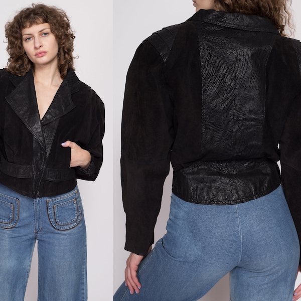 80s Black Leather Cropped Moto Jacket Medium | Vintage G-III Fitted Waist Oversized Embossed Suede Snap Up Coat