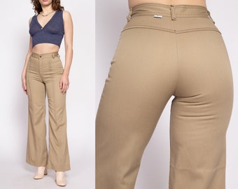 70s Khaki Saddleback Flared Pants Small, 25.5" | Vintage High Waisted Bell Bottoms Retro Trousers