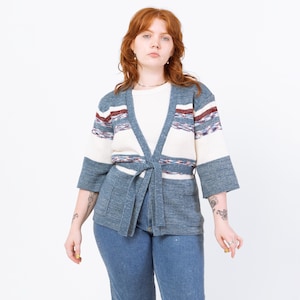 Vintage 70s Blue Space Dye Knit Belted Cardigan - Medium to Large | Boho Open Fit Striped 3/4 Sleeve Hippie Wrap Sweater