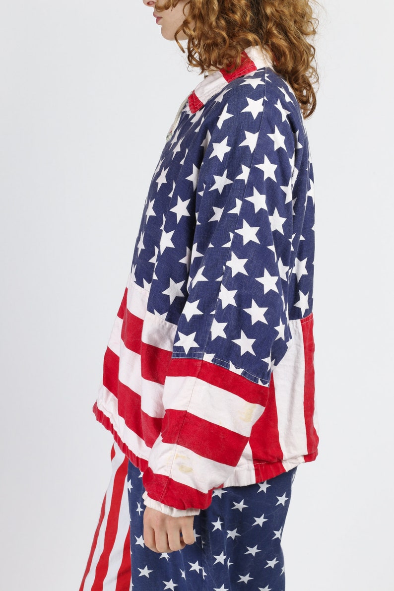 90s American Flag Print Oversize Cotton Windbreaker Vintage Lightweight Zip Up Jacket Large
