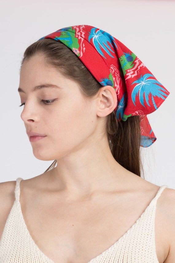 70s Boho Palm Tree Print Bandana Head Scarf | Vin… - image 2