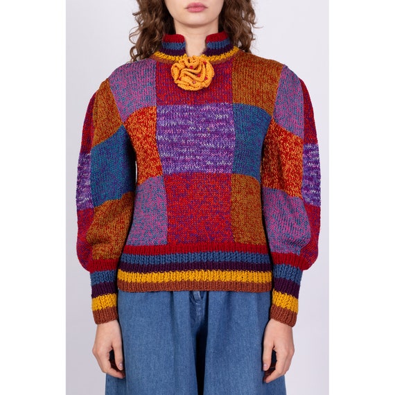 Medium 80s Puff Sleeve Color Block Knit Sweater Vintage High Neck